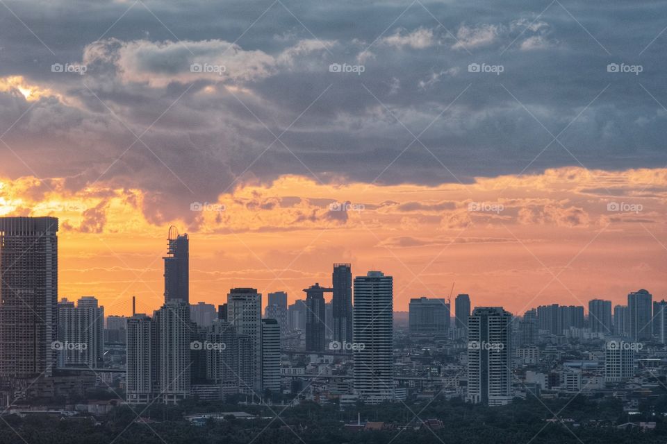 Twilight above skyscraper scape in Bangkok Thailand