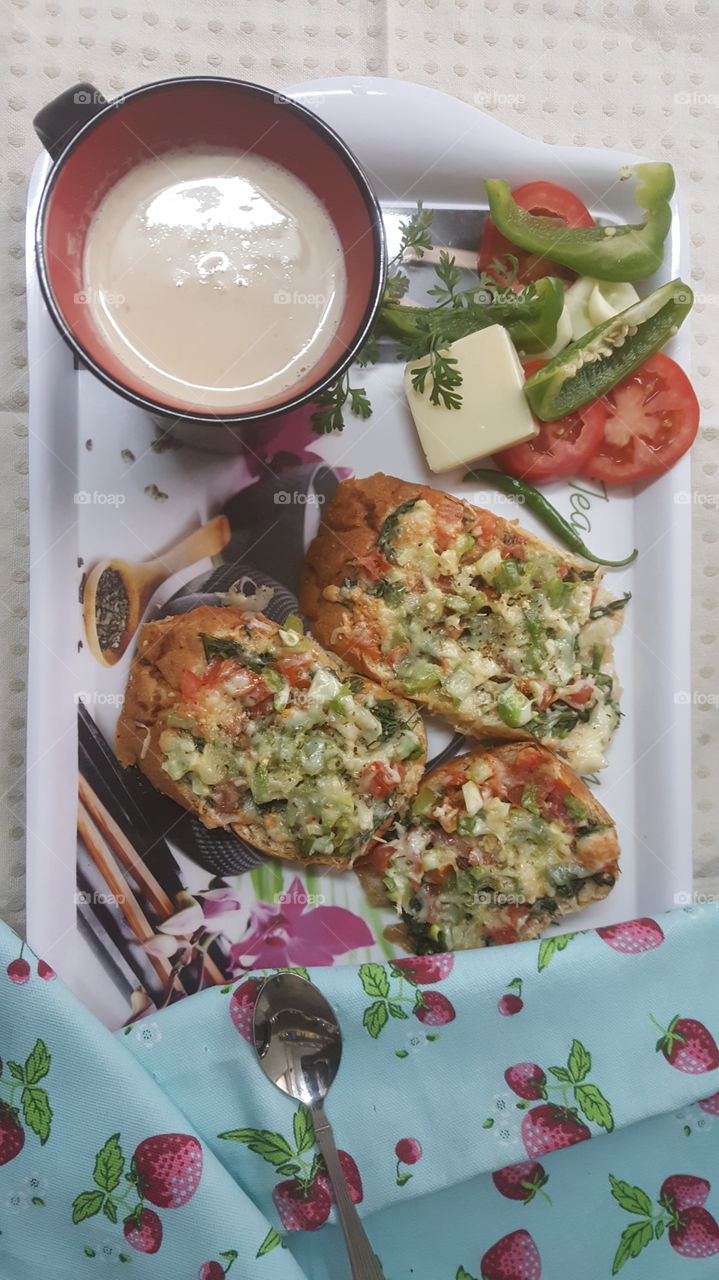 Healthy Breakfast - Vegetable Cheese toast & Coffee