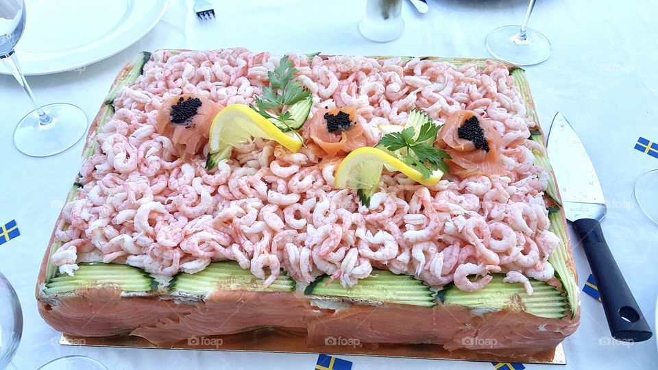 Seafood sandwich cake , typical Swedish food 
