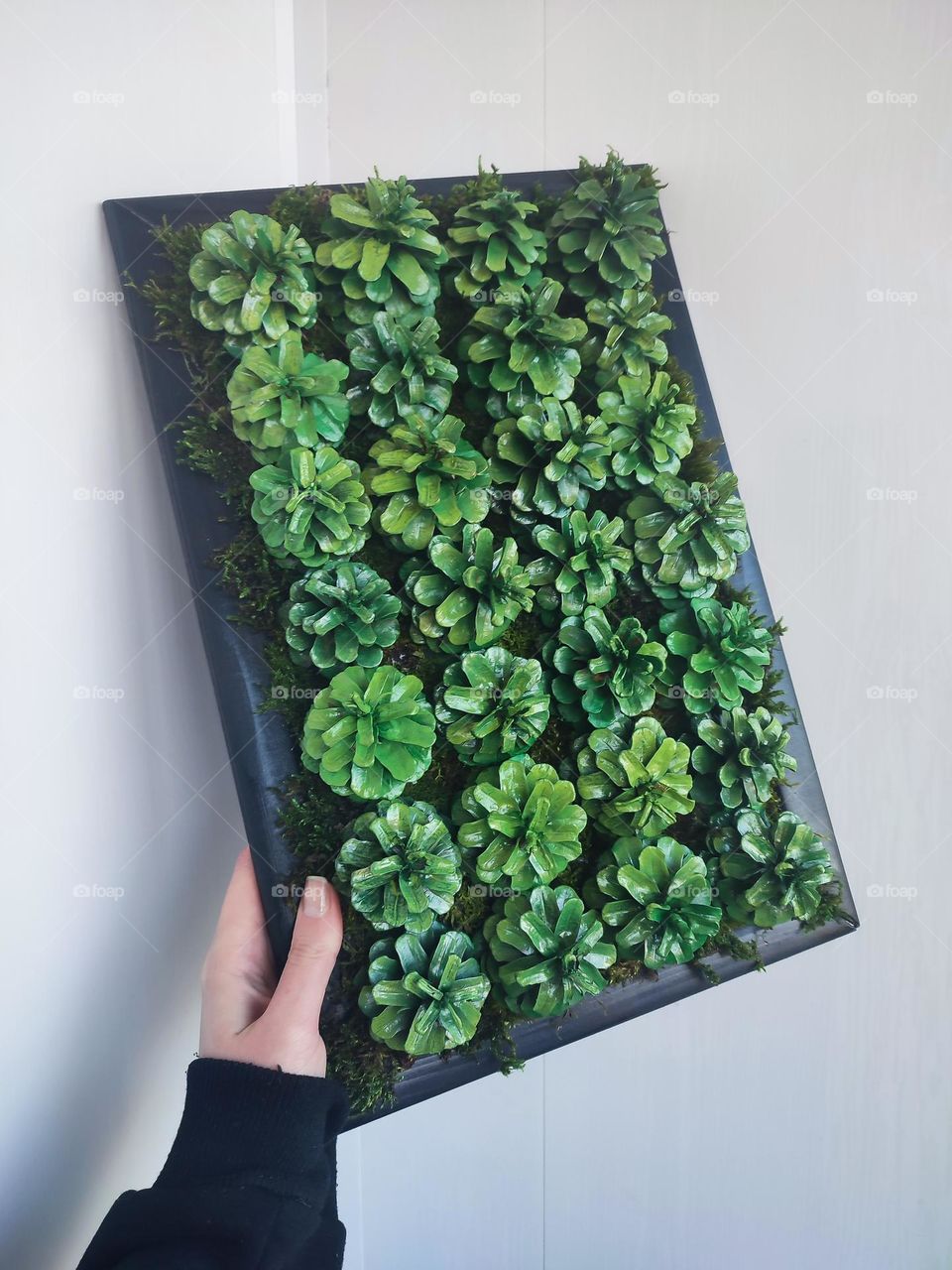 Green pine cone diy handmade wall decor in black frame