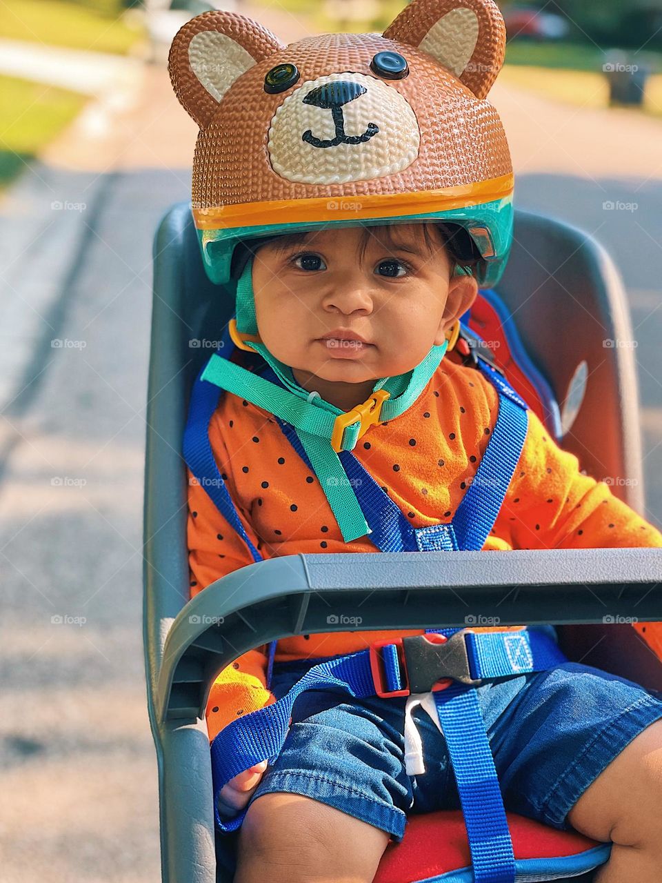 Baby riding on a bike in a seat on back, summertime bike rides with baby, take a bike for a ride, riding with mommy, baby on board 