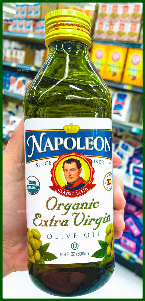 A bottle of organic olive oil bearing the name and image of Napoleon. Finally, there is something healthy and purposeful that is dedicated to the mighty French military strategist. It is his long-lasting legacy to enjoy and appreciate.