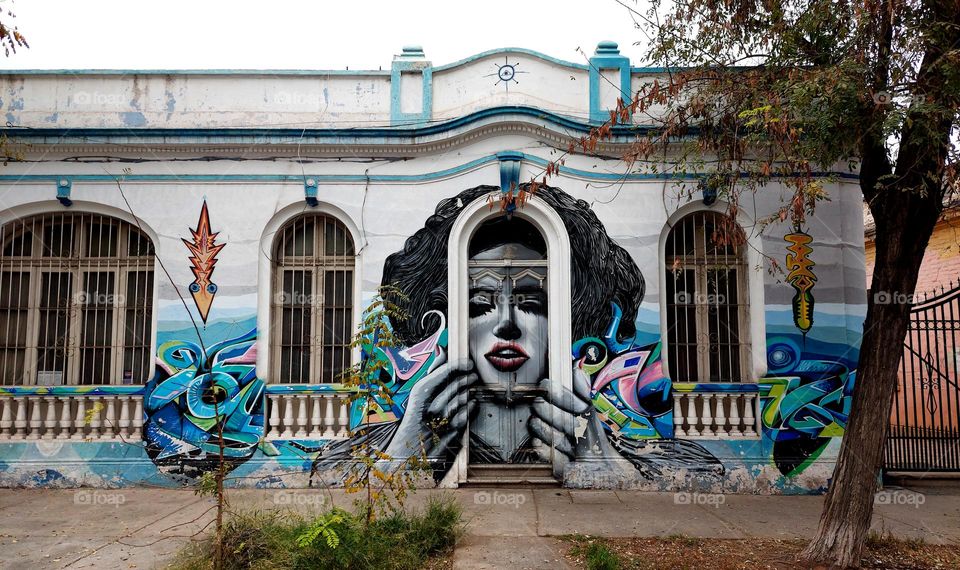 Woman head graffiti in Barrio Bellavista Santiago Chile.