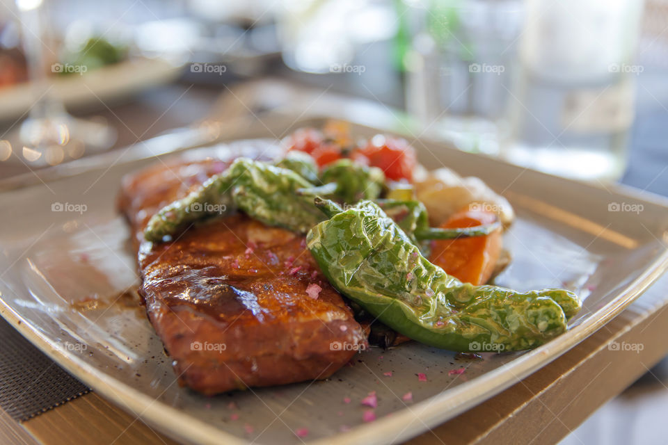 Baked salmon and vegetables, Mediterranean dinner option