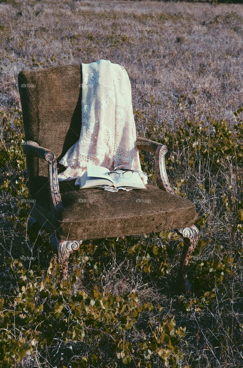 Vintage Chair In Field With Readers And Book