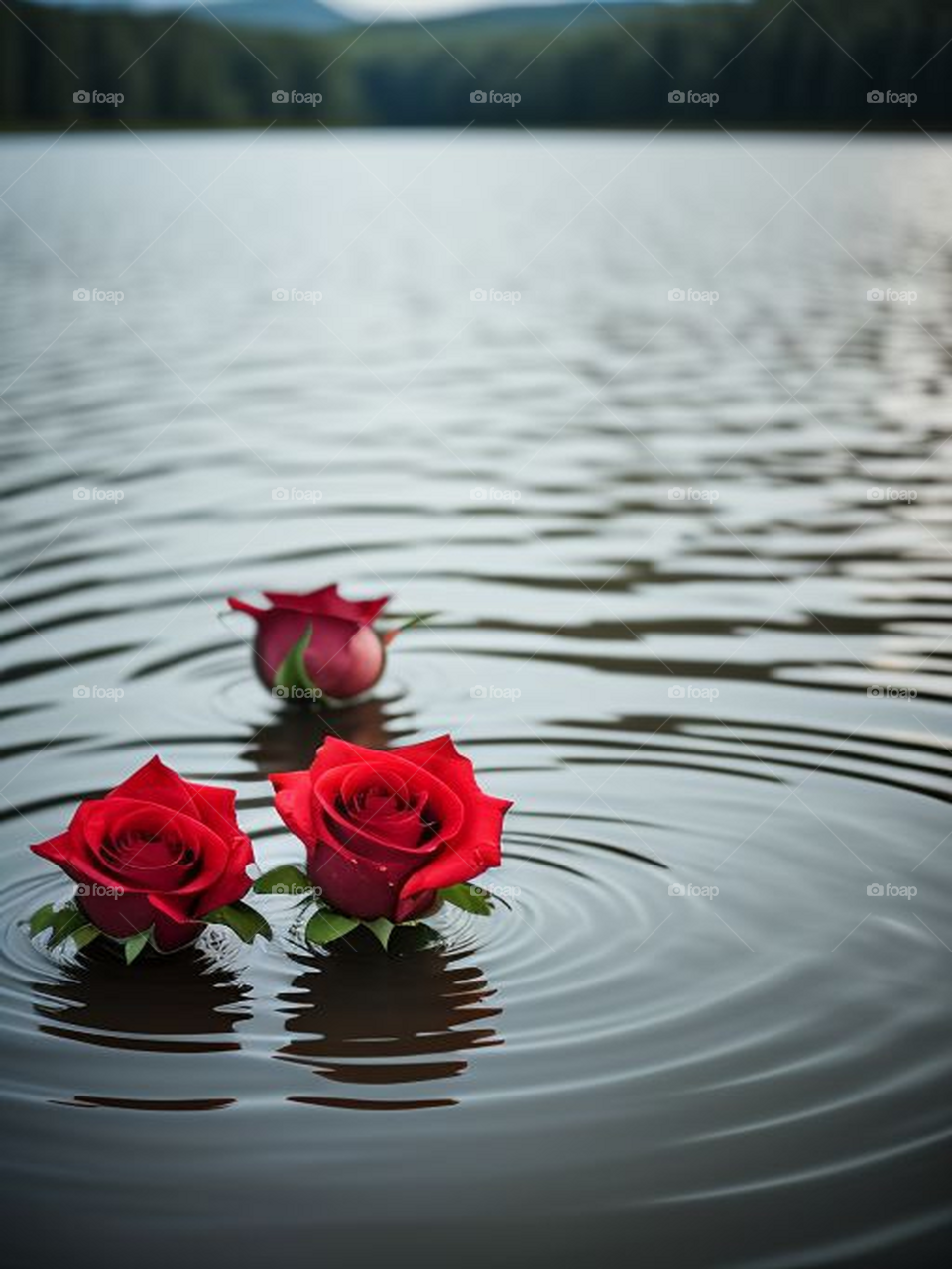 Beautiful red roses in the middle of a pond