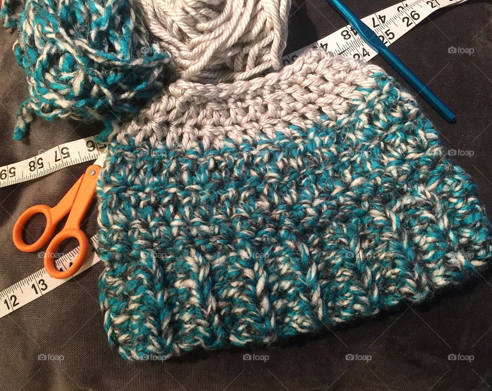 Women’s crochet teal and grey beanie