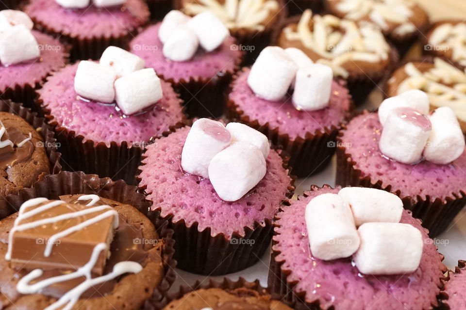 cupcakes. freshly baked of mini cupcake of double chocolate and marshmallow flavor. selective focus on the purple muffin with marshmallow on top