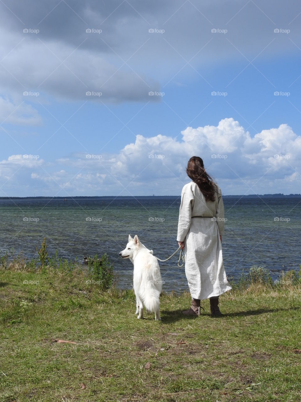 Viking woman walking her dog