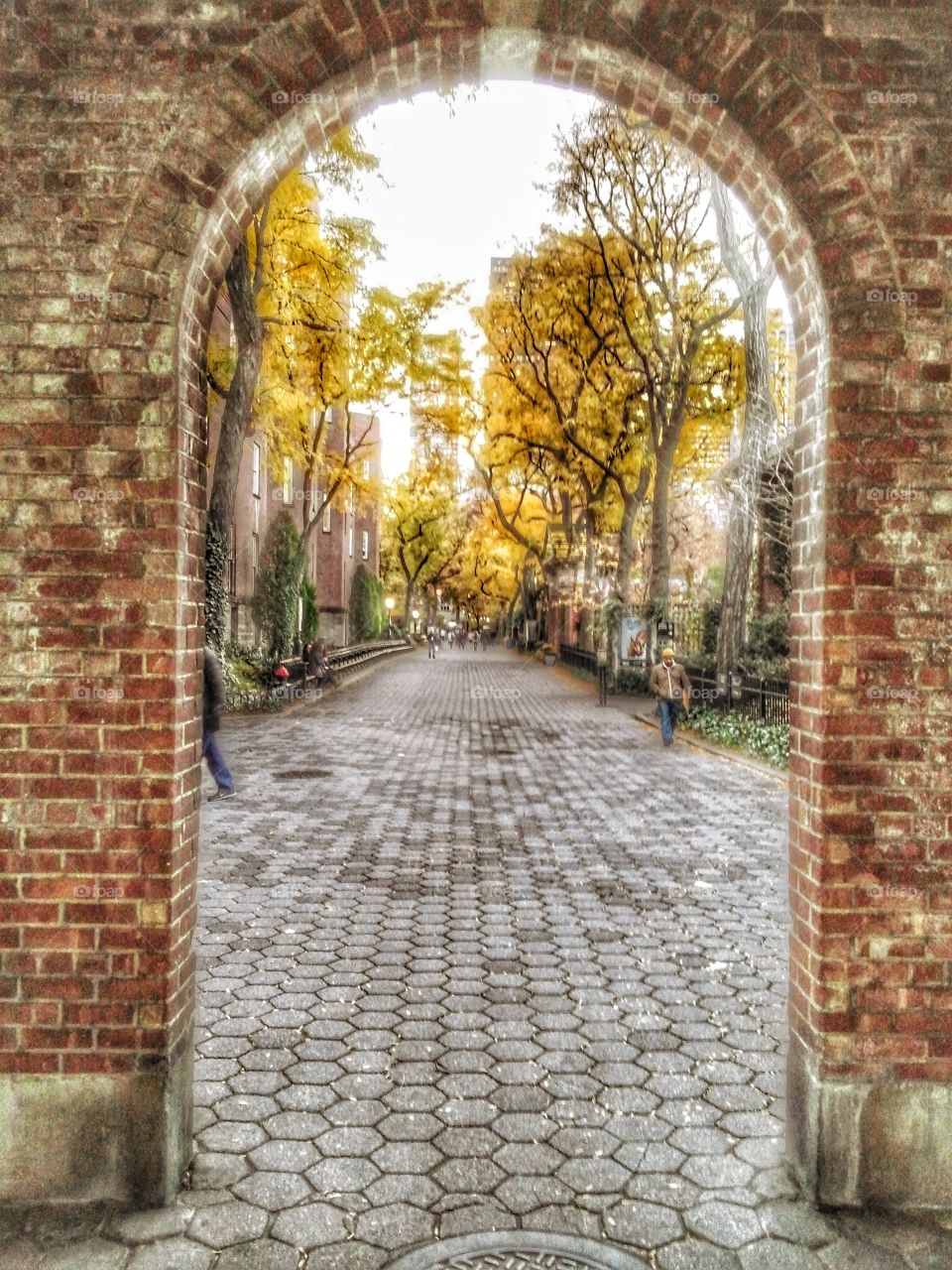 cobblestone walkway beneath brick archway in central park