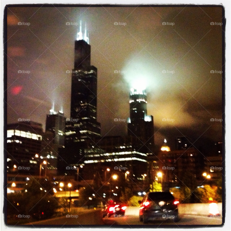 skyline lights fog chicago by squishypie