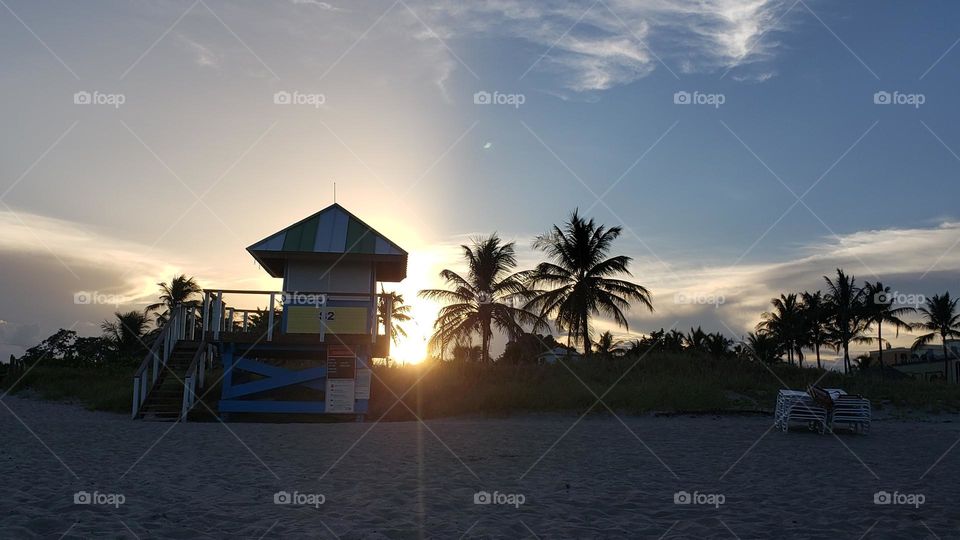 lifeguard station at sunset