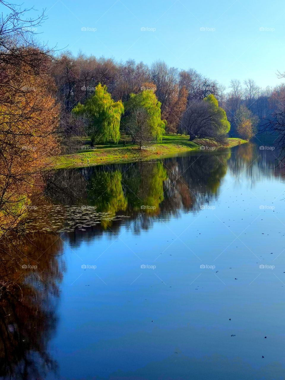 Late fall.  Reflection.  River in which autumn trees are reflected, blue sky
