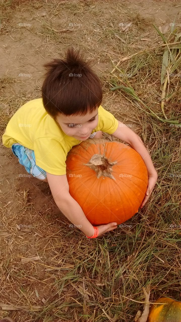 A day at the pumpkin patch. My sweet little boy with his big, orange pumpkin.