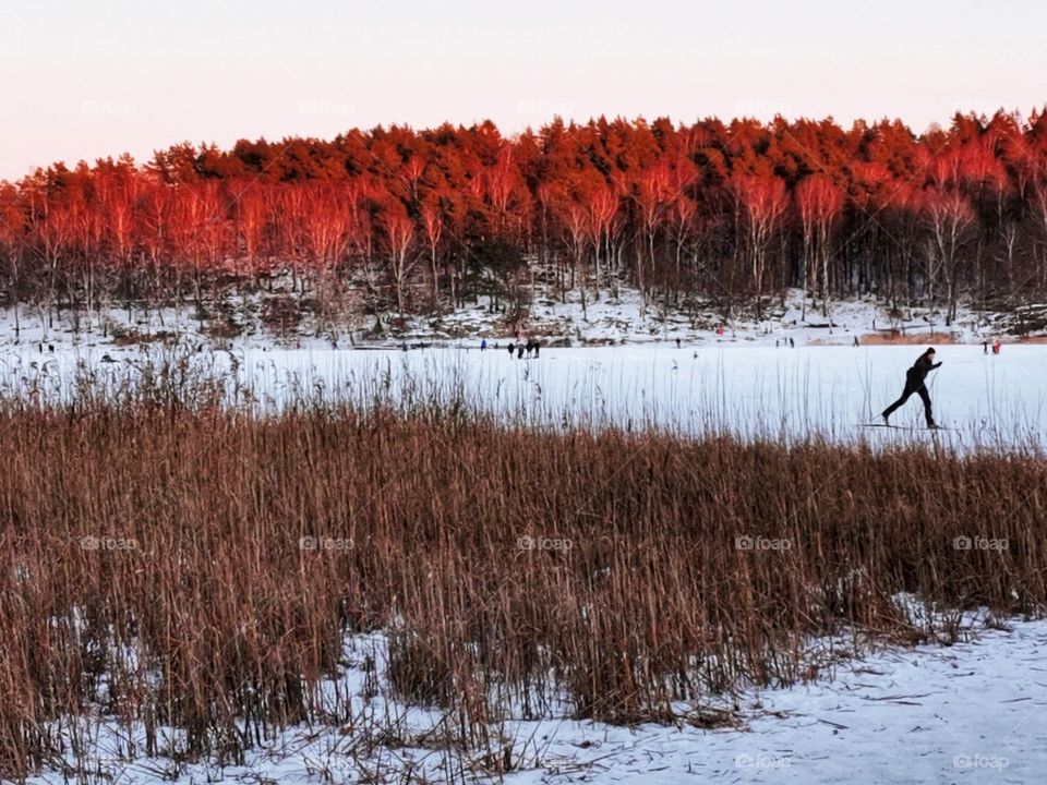 Man skiing on the lake at sunset