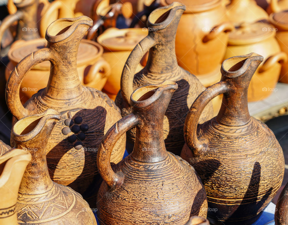 beautiful traditional Georgian handmade clay pottery on display at street market