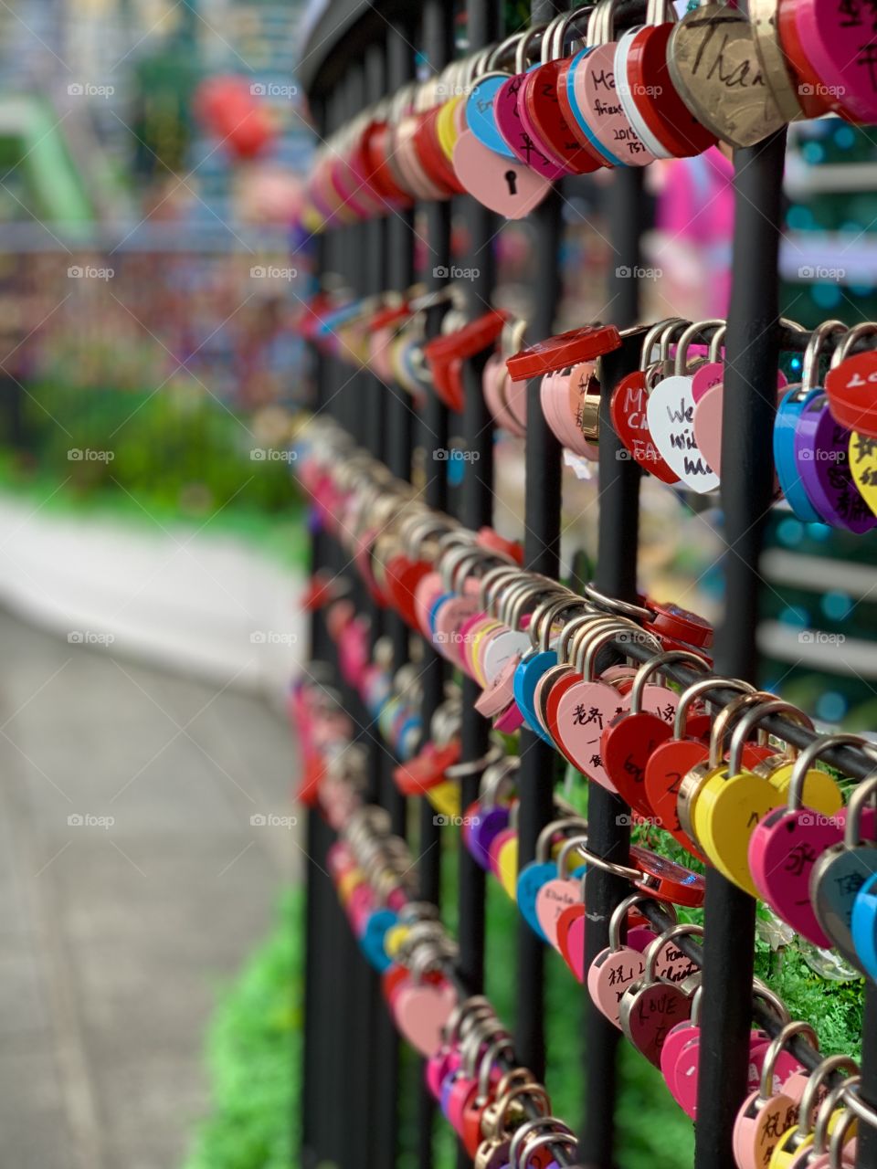 Love locks colorful fence wall