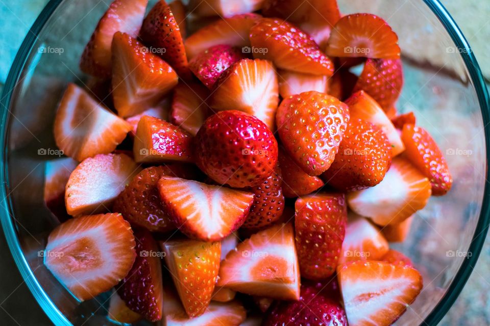 Bowl of cut up fresh strawberries
