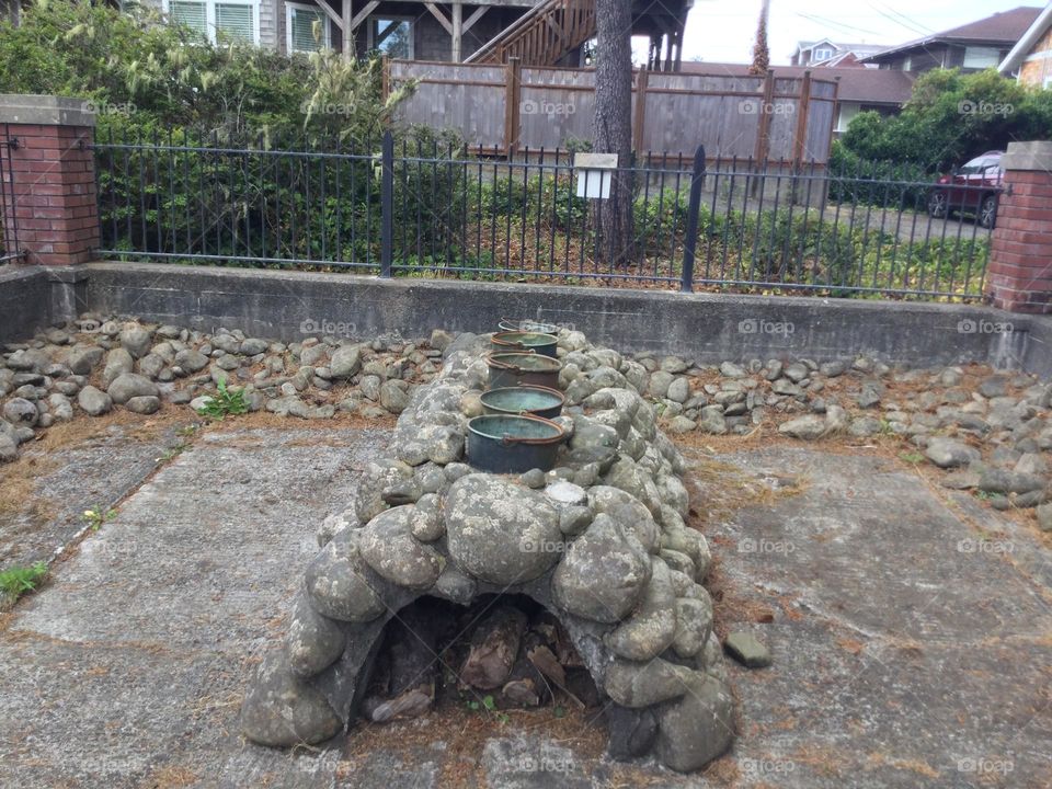 Historical Lewis and Clark Salt Cairn in Seaside, Oregon. Used to boil salt water to get the salt 