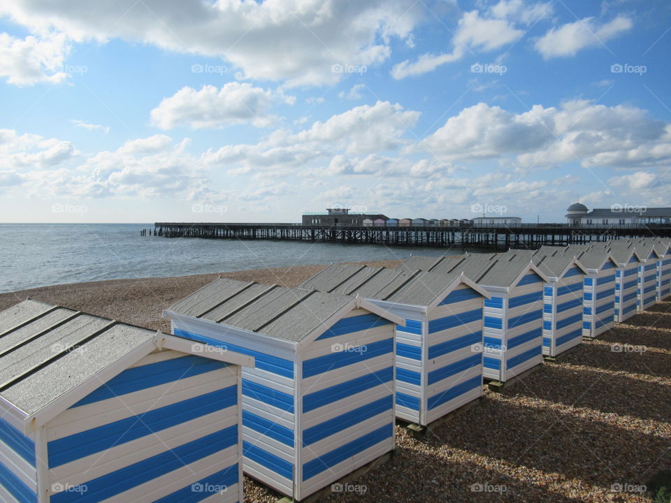 Striped blue and white beach huts