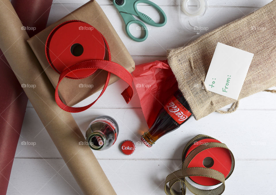 Gift Wrapping Flat Lay with Coca Cola