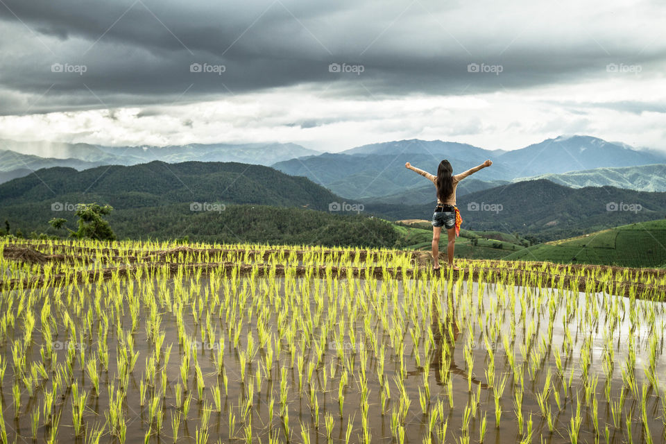 Breathing time in amazing landscape with rice terraces and mountain in Thailand
