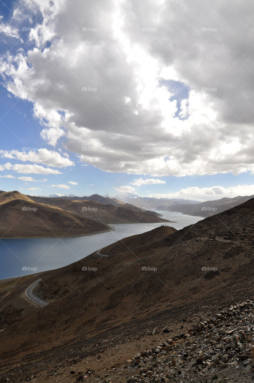 View of mountain lake in Tibet