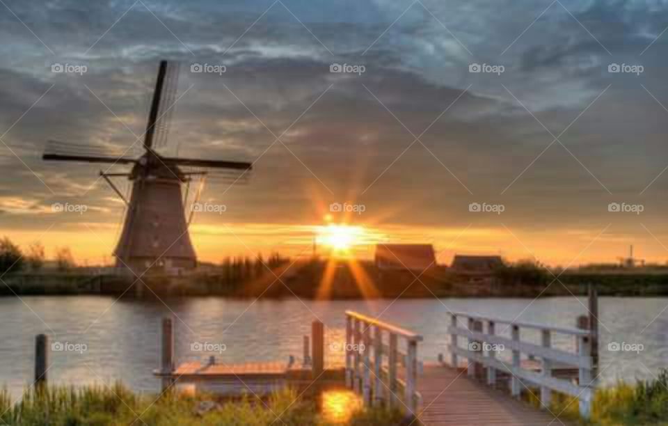 Windmill, Water, Sunset, Grinder, No Person