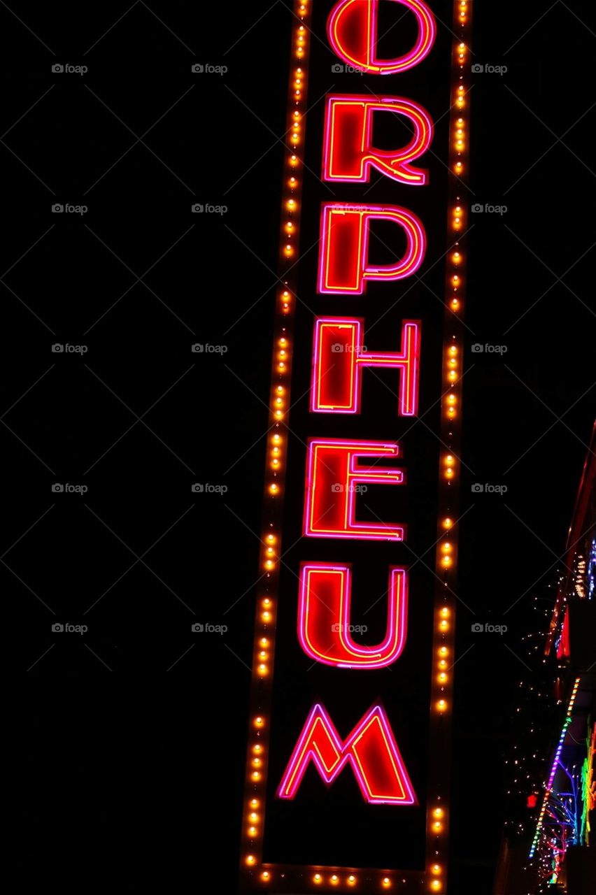 Neon Orpheum Theatre sign  in Minneapolis, Minnesota.