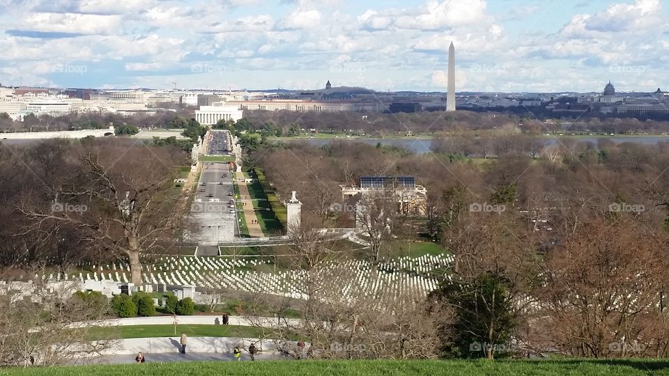 View of Washington, D.C. from the top of Arlington National Cemetery.