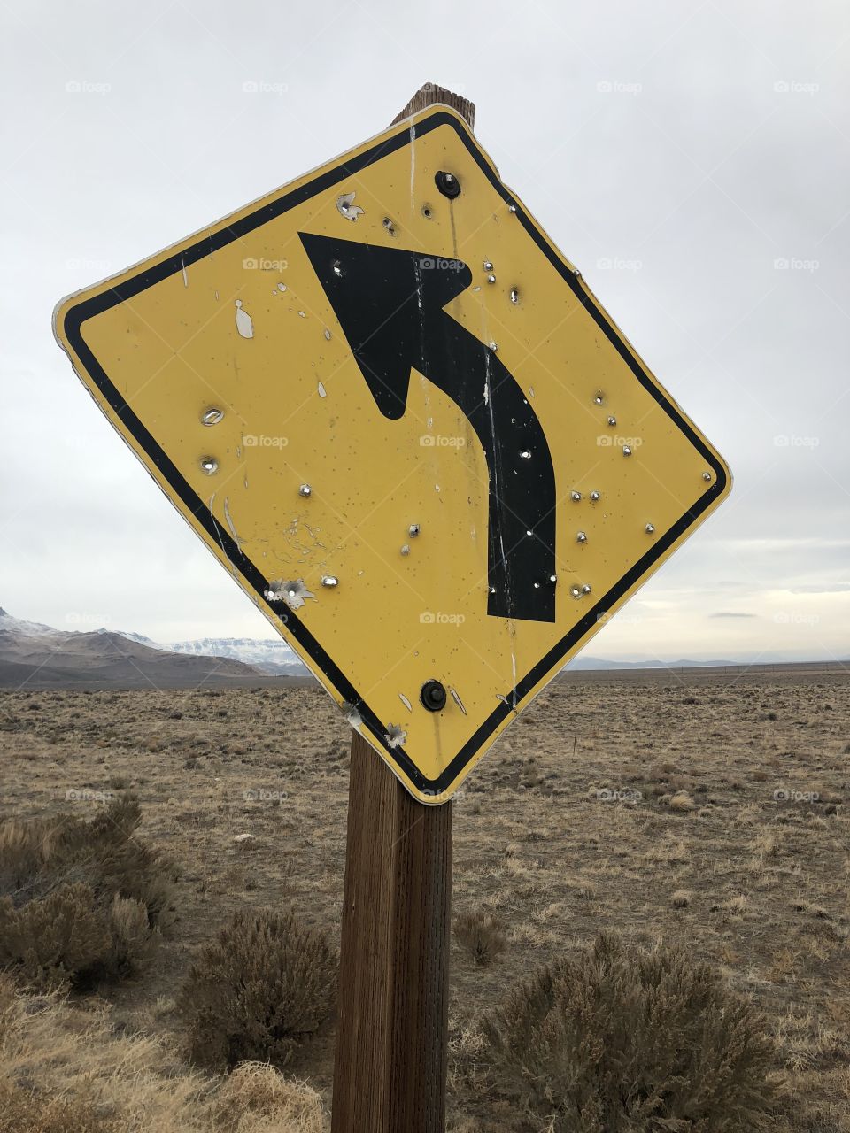 This sign is riddled with bullets. Located in the small town of Fields, Oregon this slight left turn sign has been the center of some serious target practice.