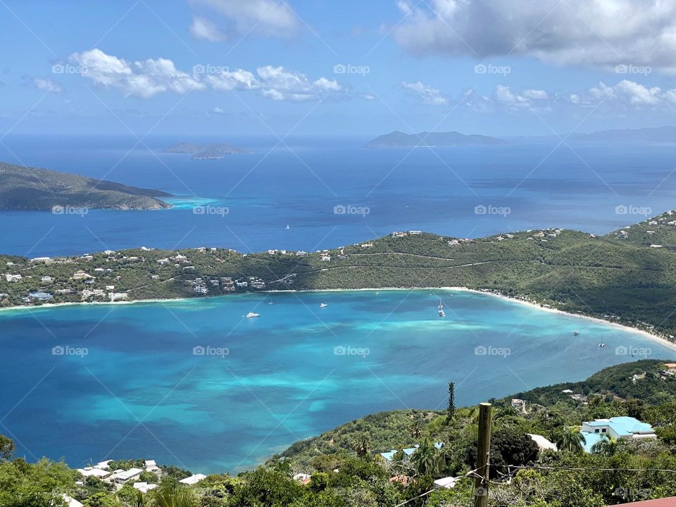 View from the top of a mountain overlooking Magens Bay Beach in St Thomas