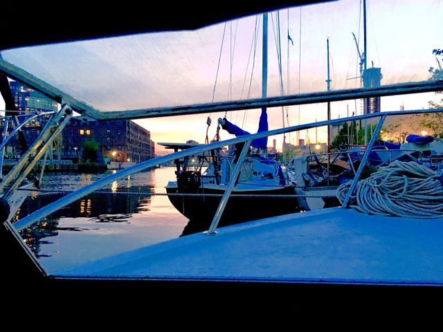 Sunset over the boats in Newtown Creek in Long Island City, Queens, NY as seen from inside our vessel, the “Salvation”. This picture was taken in the Spring of 2019. Hypnotic Productions