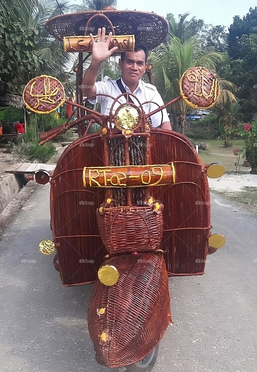 VESPA Winner of Handicrafts Knitted from Bulin Tree Roots at the VILLAGE ALMS FESTIVAL, West Bangka Village, Bangka Belitung Islands, Sumatra, Indonesia