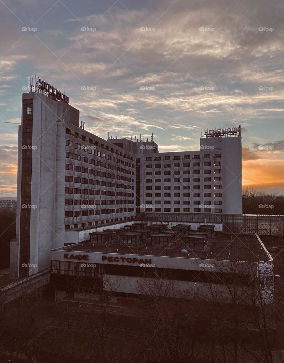 Hotel building sunset 