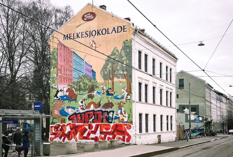 Melkesjokolade mural street art at Grünerløkka in Oslo, Norway