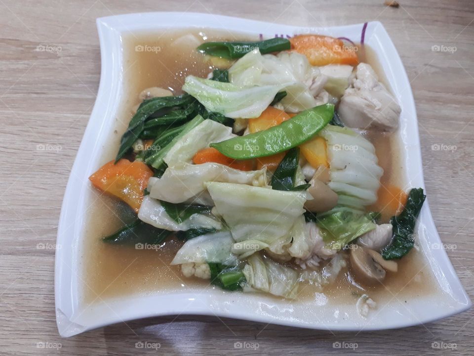The favorite lunch menu is boiled capcay which consists of various kinds of green vegetables