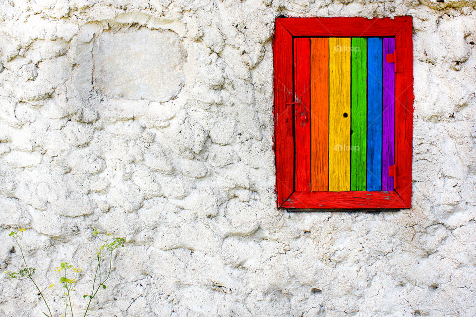 Rainbow colors, painted exterior  window