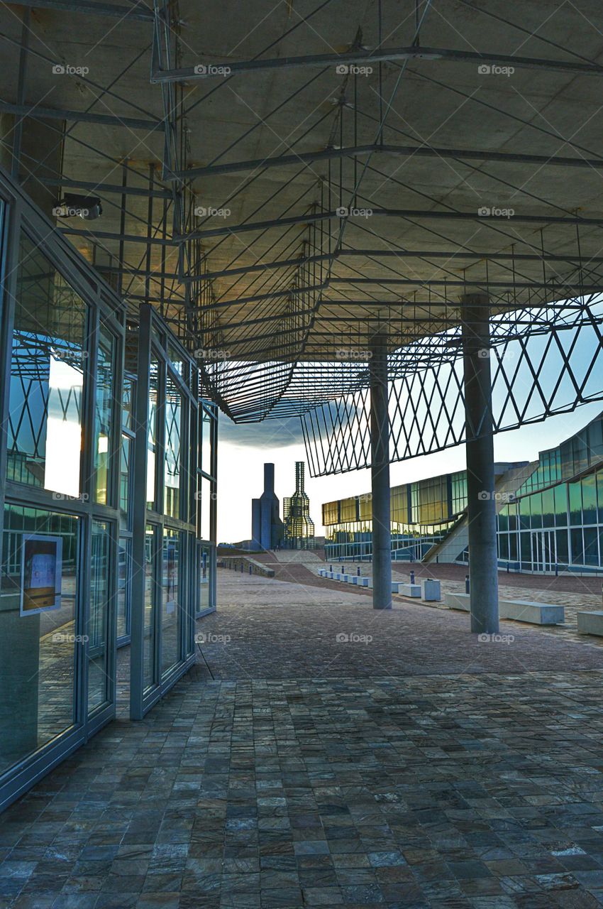 City of Culture, Santiago de Compostela. View of the Hejduk Towers from the bus bay at City of Culture, Santiago de Compostela