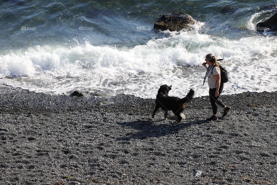 Woman and dog on the beach 