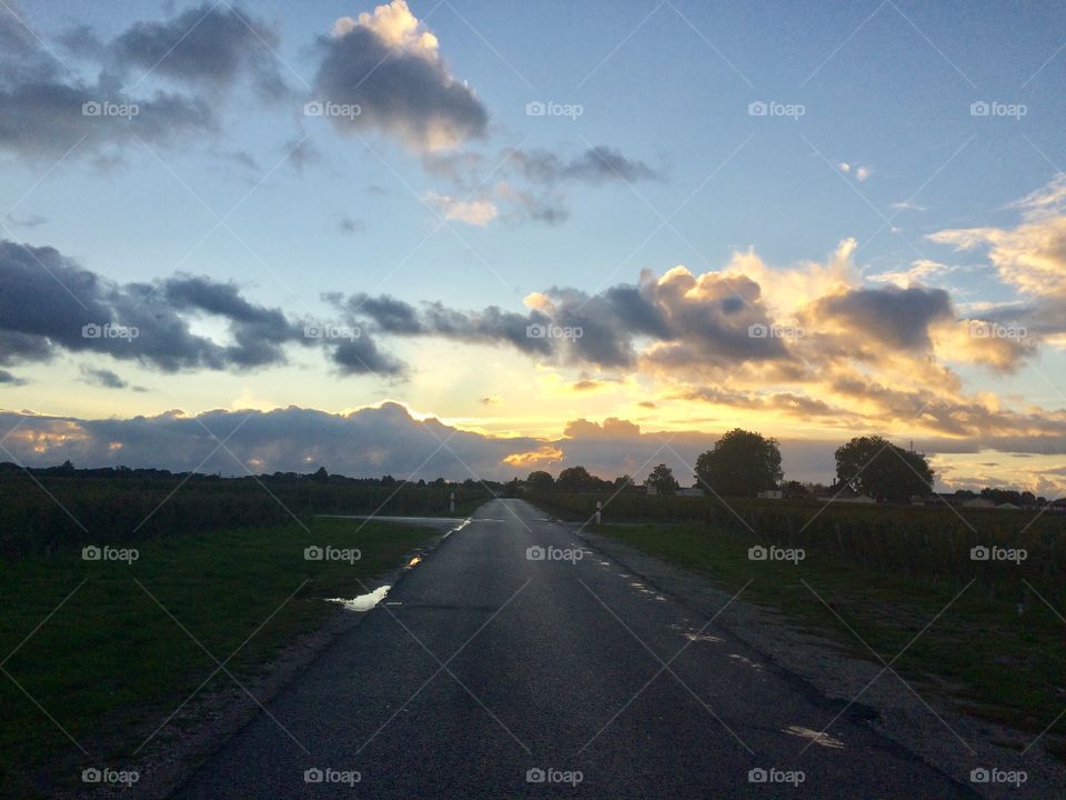 On the road at sunset 