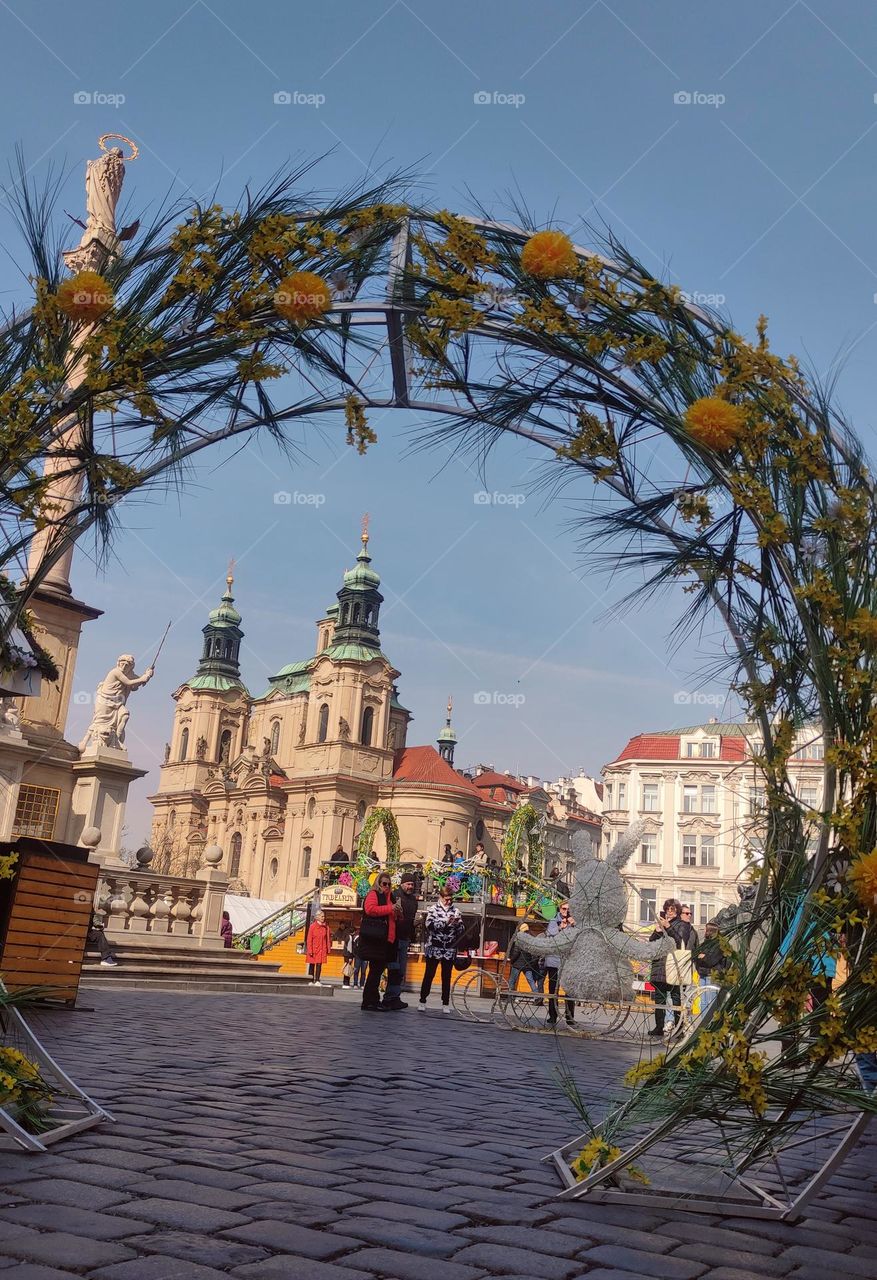 Easter in Prague. Old Town Square decorated for Easter.