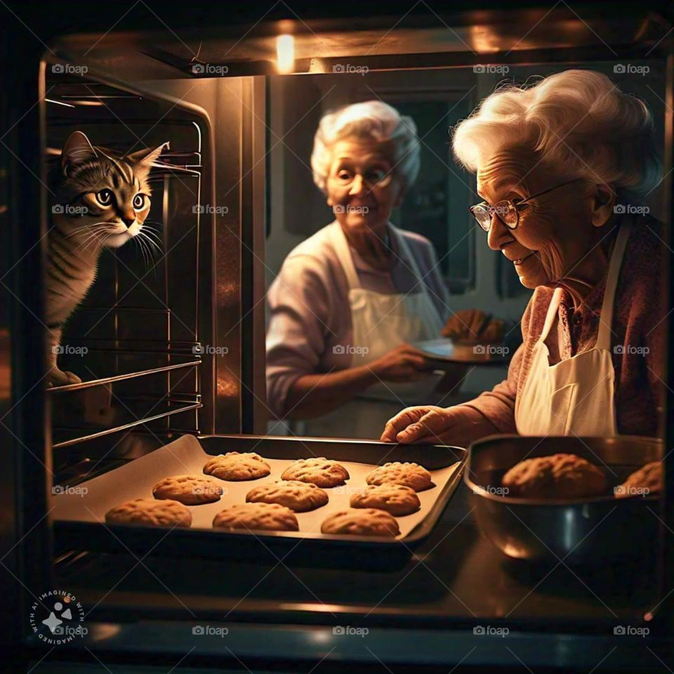 Grandma’s baking in the kitchen with a cat, cat climbs into the oven while grandmas are baking, silly cat in the oven