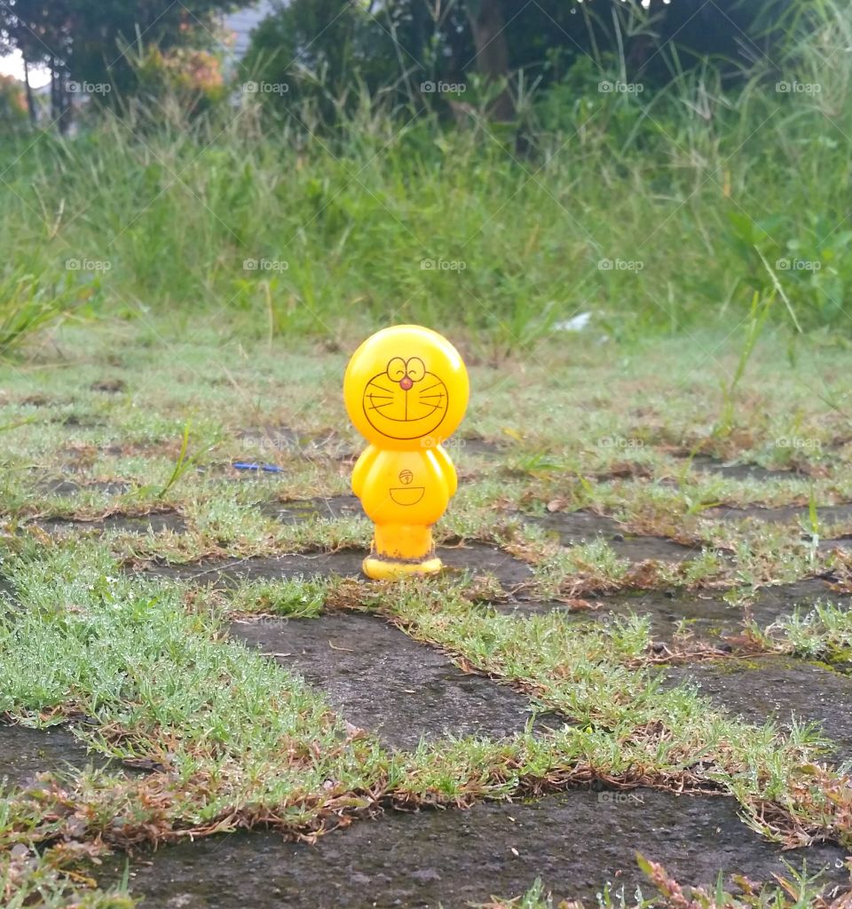 Doremon toy, grass and weeds in con block.