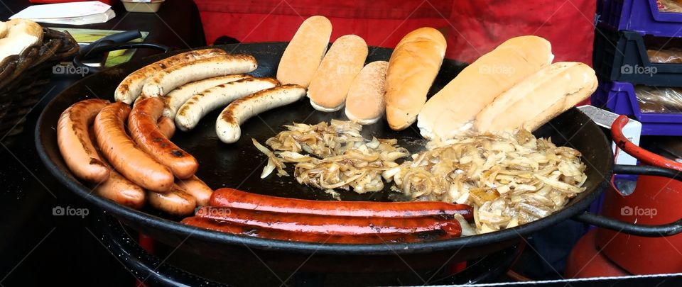 Breakfast with sausages and bread