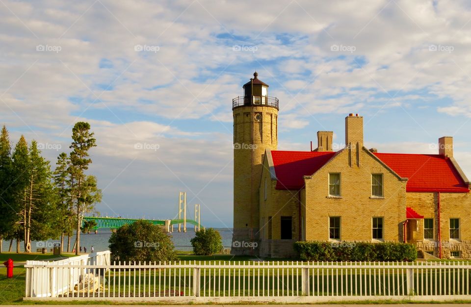 Old lighthouse/Mackinac Bridge. Old lighthouse and the Mackinac Bridge, MI