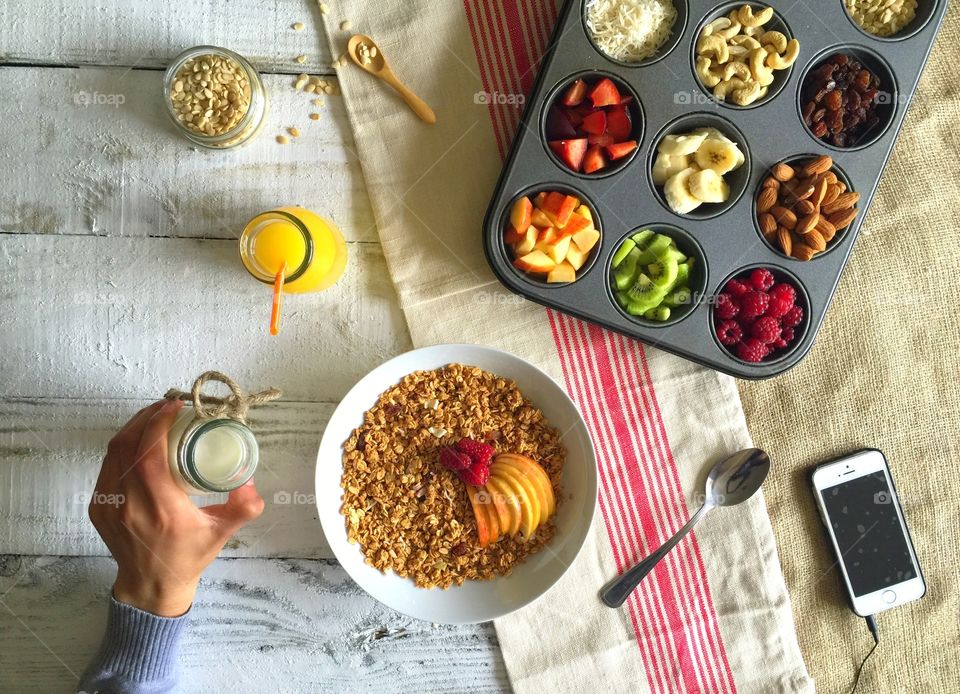 Healthy breakfast with selection of fruits 