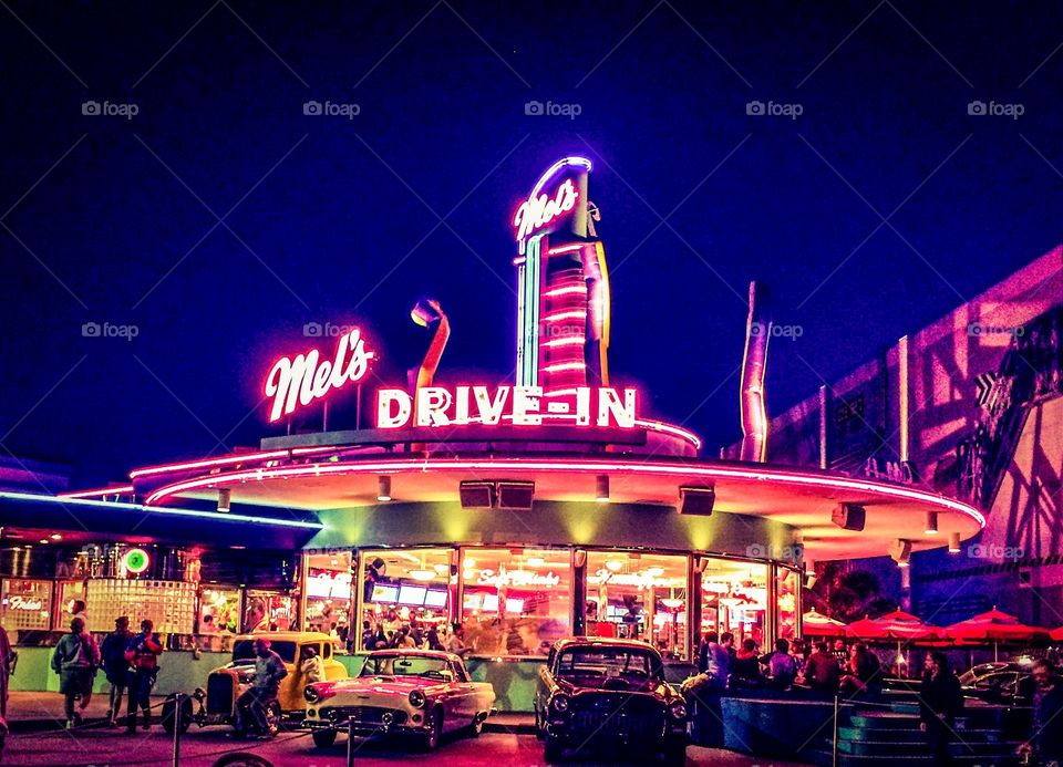 Mel's Drive-In from "American Graffiti" recreated and serving up burgers and shakes at Universal Studios- Orlando. Unfortunately no roller skating carhops but tons of great neon.