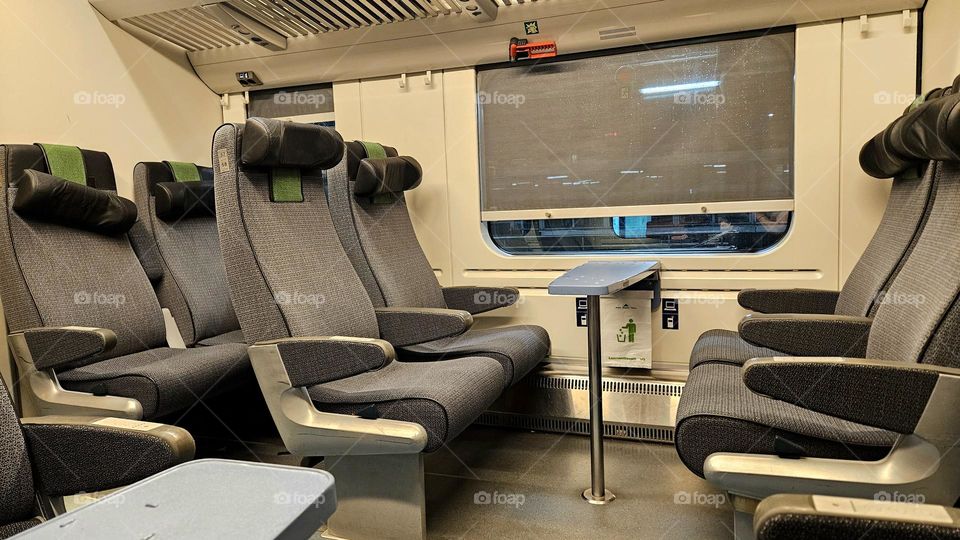 This is what the cabin seats look like on a Finnish state railway train.