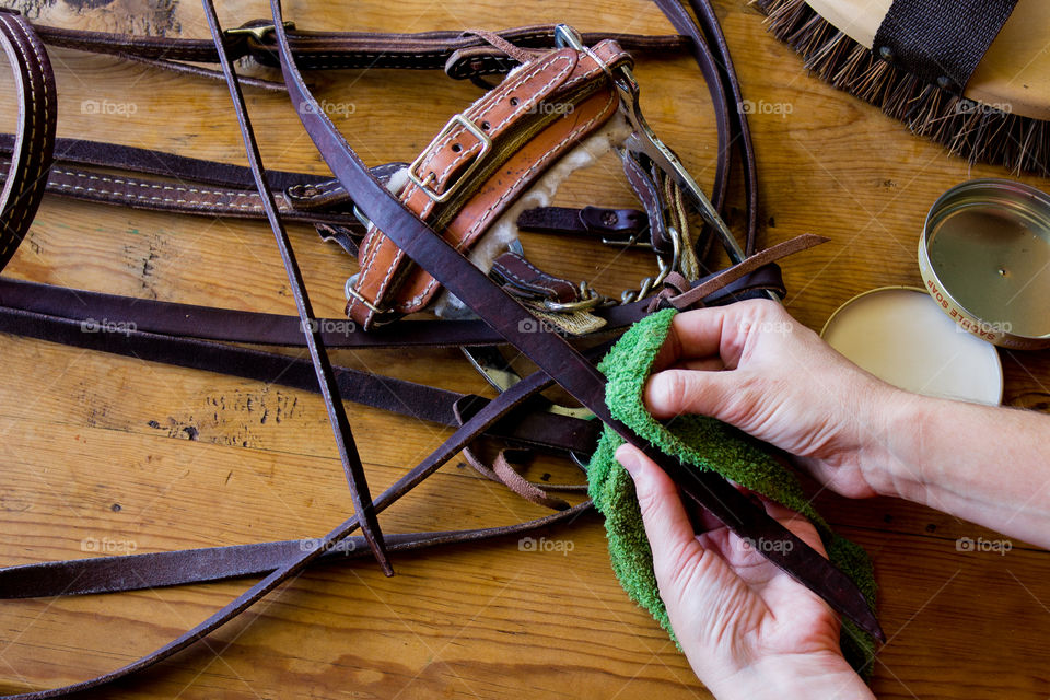 A woman cleans the reins on a bridle with saddle soap